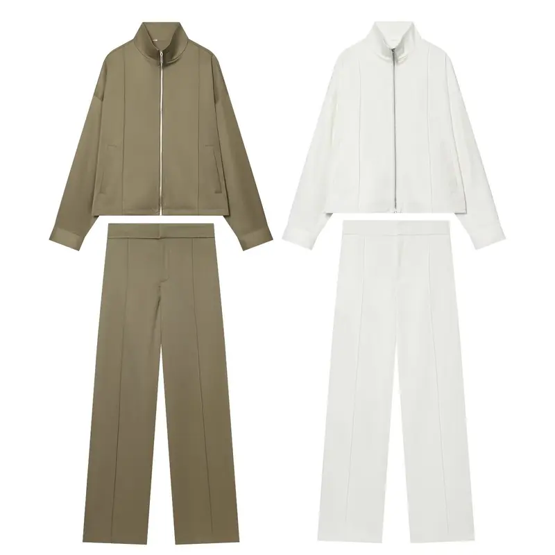 Damen Zweiteiliges Freizeit-Set mit Stehkragen-Zipperjacke und taillierter High-Waist-Hose Drune