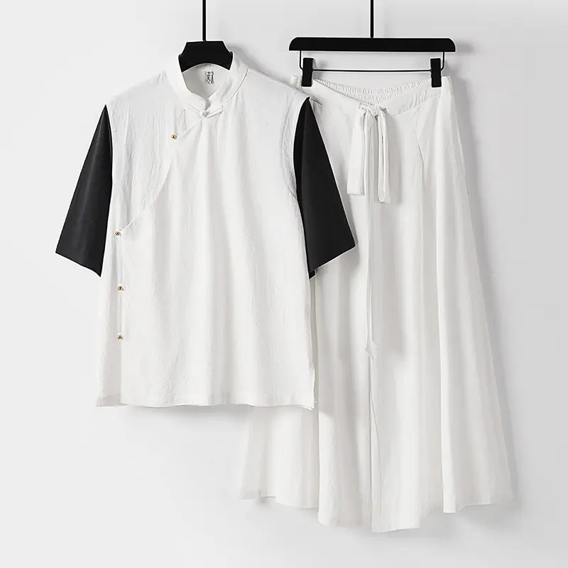 Damen Zweiteiliges Kimono-Loungewear-Set aus Leinenmischung mit Stehkragen asymmetrischer Knopfleiste und weitem Palazzo-Hosenrock Drune