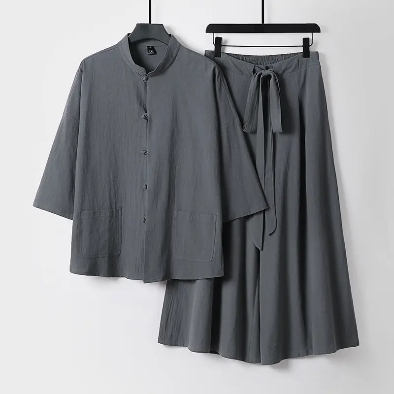 Damen Zweiteiliges Leichtes Lounge-Set mit Stehkragen, Kurzarm-Jacke und weitem Palazzo-Hosenrock Drune