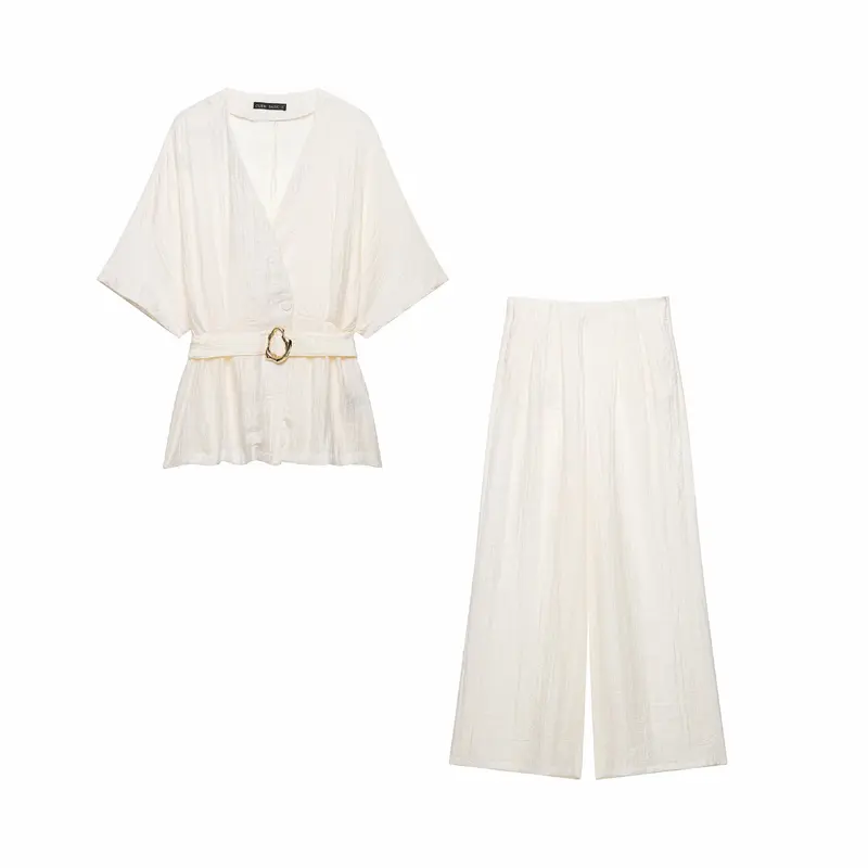 Damen Zweiteiliges Leinenoptik-Set mit Kimono-Oberteil und weiter hochtaillierter Hose Drune