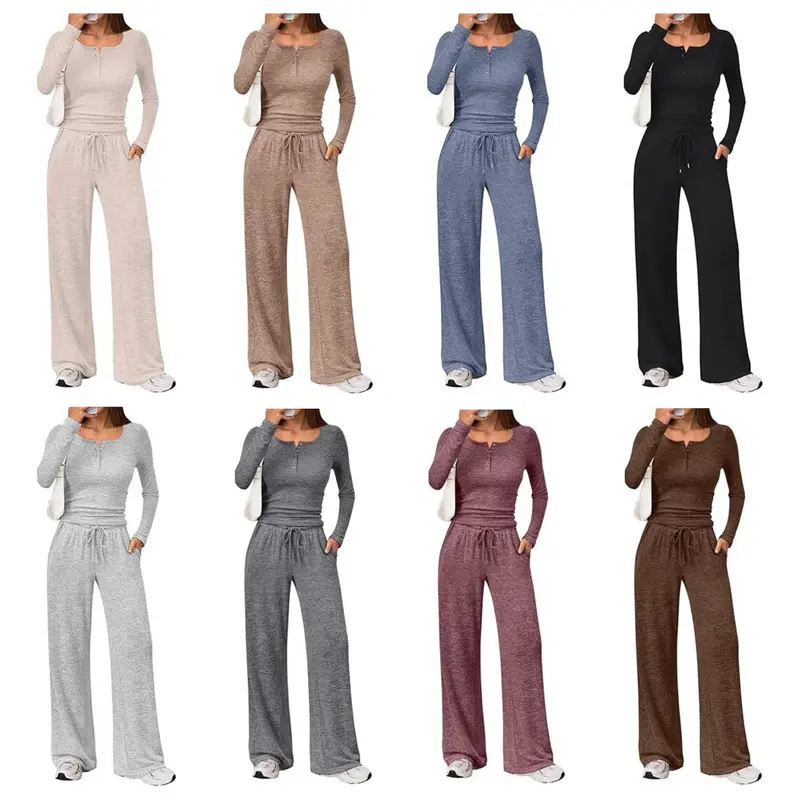 Damen Zweiteiliges Lounge-Set mit Henley-Top und weitem Jogginghose Schnitt Drune