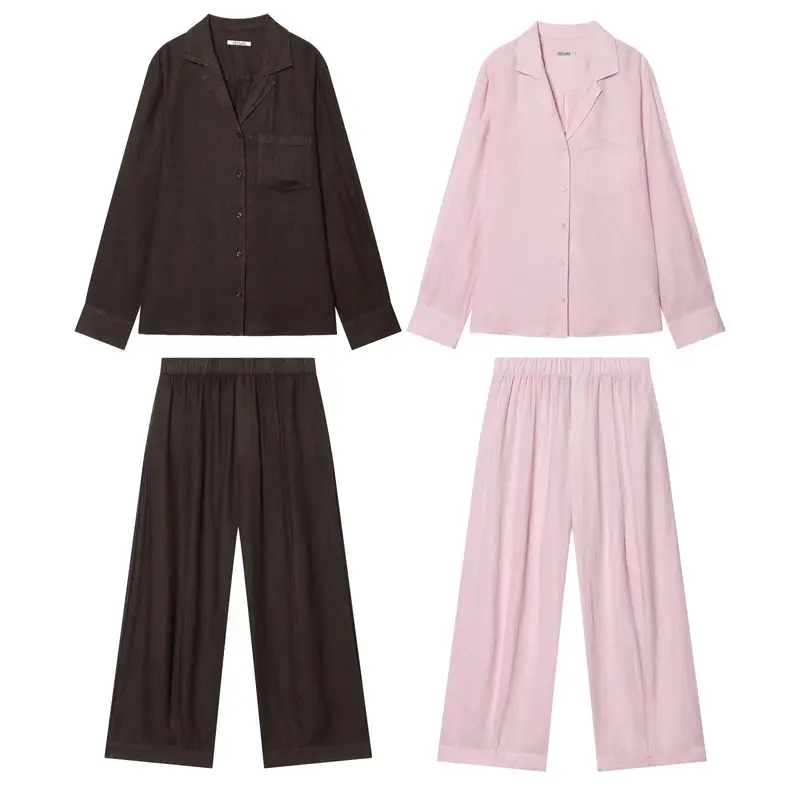 Damen Zweiteiliges Loungewear-Set aus Leinenoptik mit lockerem Pyjama‑Hemd und weiter Palazzo‑Hose Drune