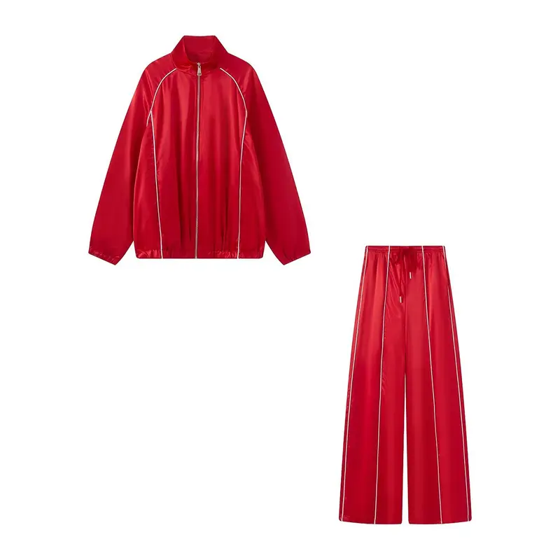 Damen Zweiteiliges Satin-Trainingsset mit Reißverschlussjacke und weitem Trackpant Drune