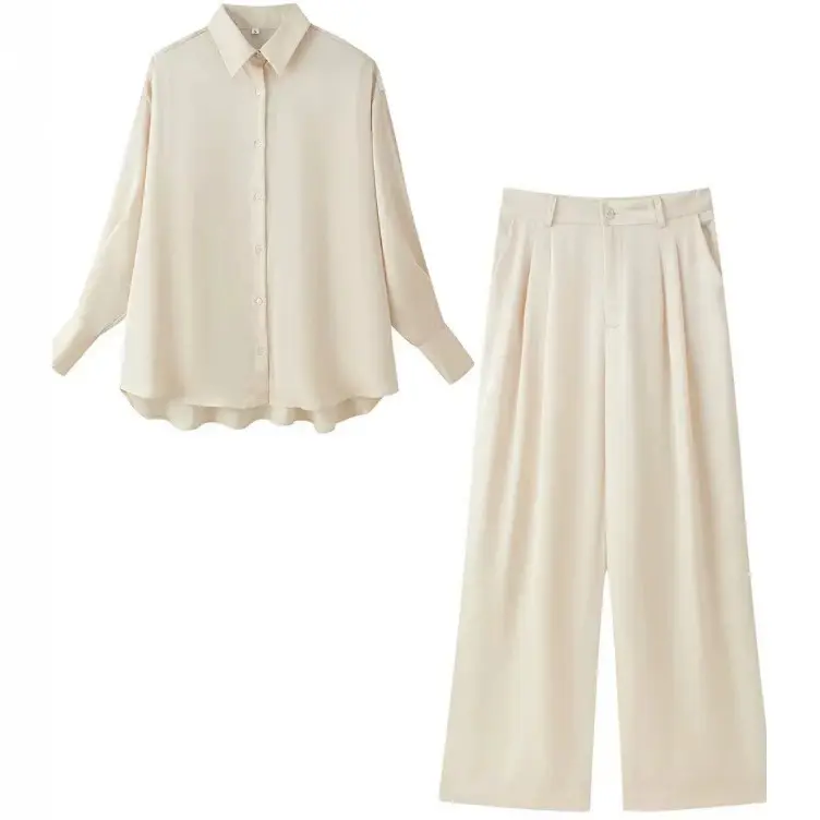 Damen Zweiteiliges seidig‑fließendes Lounge‑Set mit Oversize‑Hemd und hochtaillierter Hose mit weitem Bein Drune