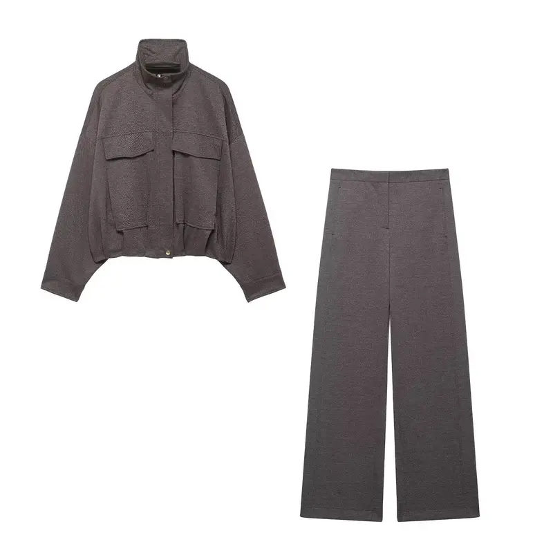 Damen Zweiteiliges Set aus Cropped-Boxy-Jacke mit Stehkragen und hochtaillierter weiter Hose Drune