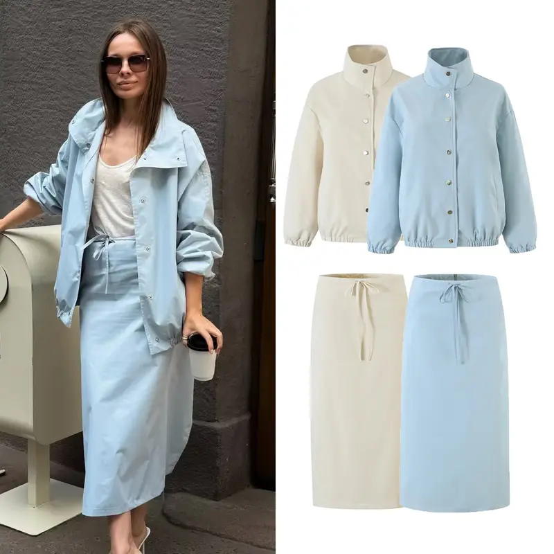 Damen Zweiteiliges Set aus kurzem Blouson mit Stehkragen und hoher Taillen-Bleistiftrock Drune