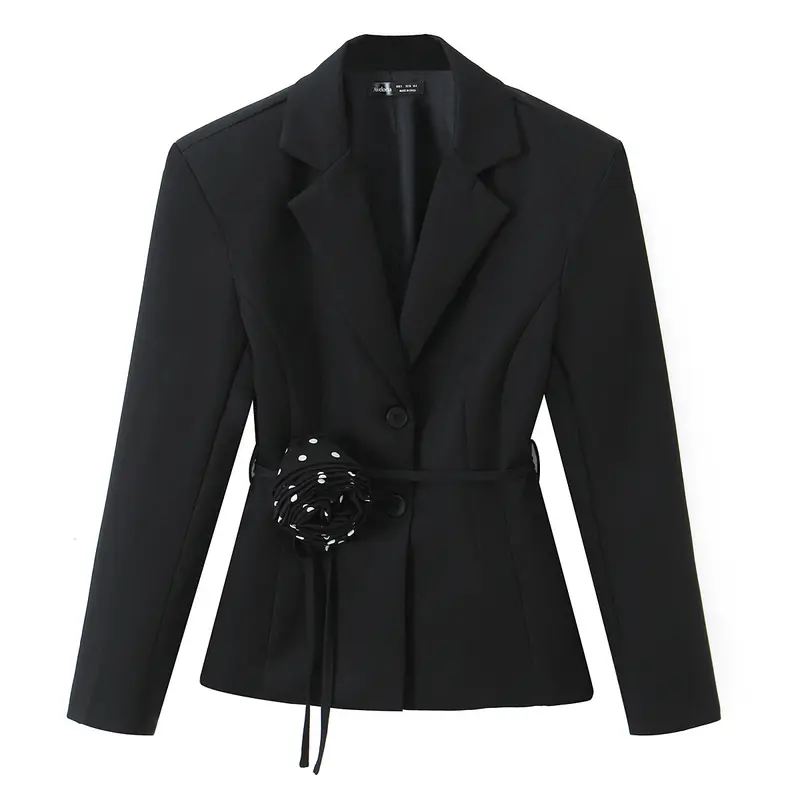 Damen Zweiteiliges tailliertes Blazer- und Midaxi-Rock-Set mit Rosenapplikation am Gürtel und Polka-Dot‑Rock Drune