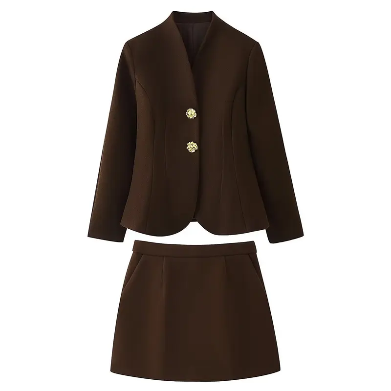 Damen Zweiteiliges tailliertes Blazer- und Minirock-Set mit goldener Schmuckknopfleiste Drune