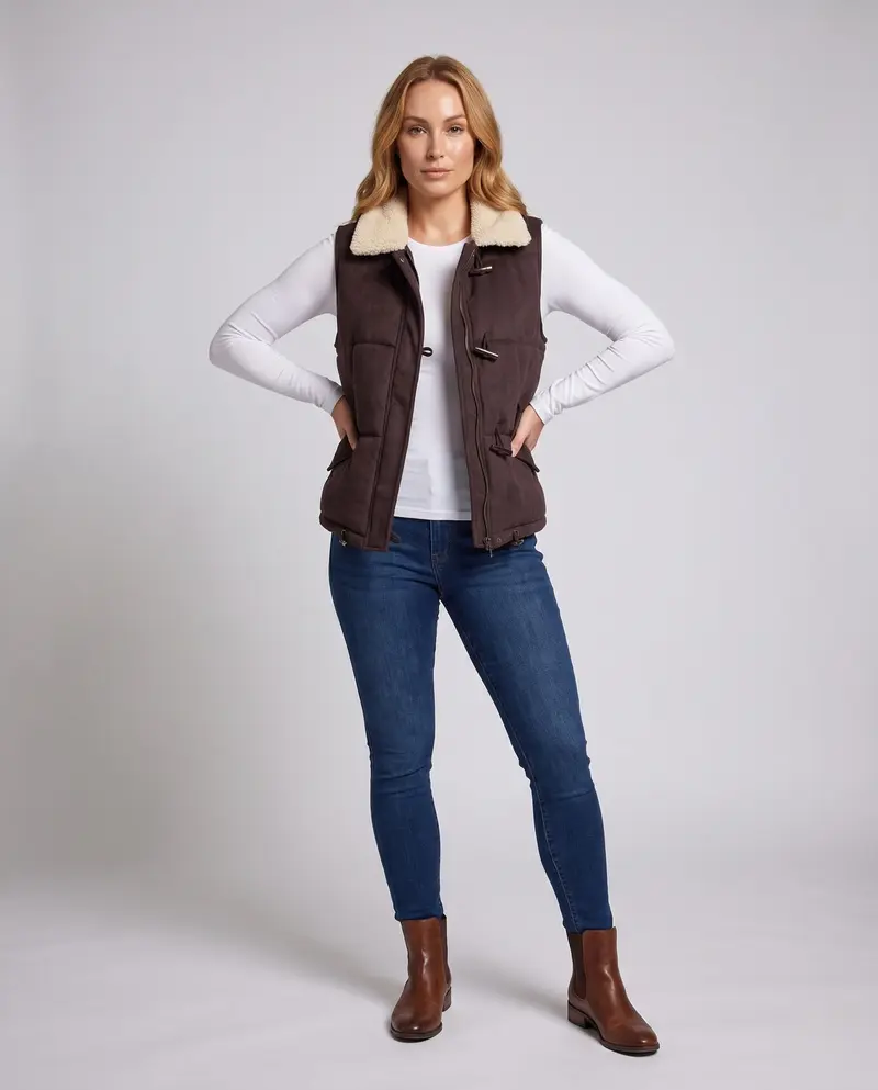 DamenShort-Cut-Suede-Look-Steppweste mit Teddy-Kragen, Toggle-Verschlüssen und Kordelzugsaum