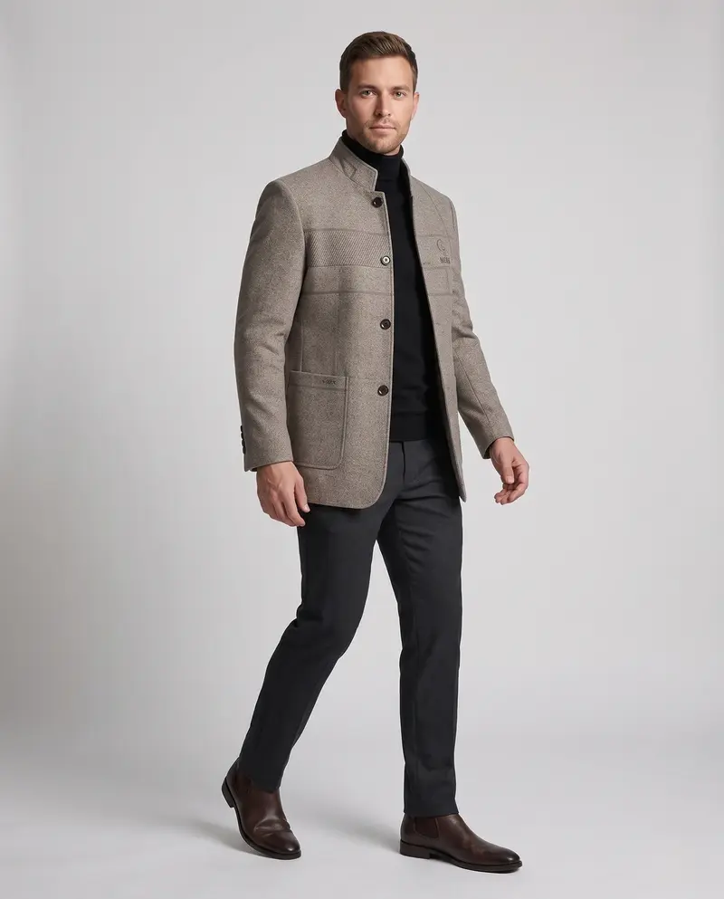Eleganter Wollmisch-Mantel für Herren mit Stehkragen und schlanker Silhouette