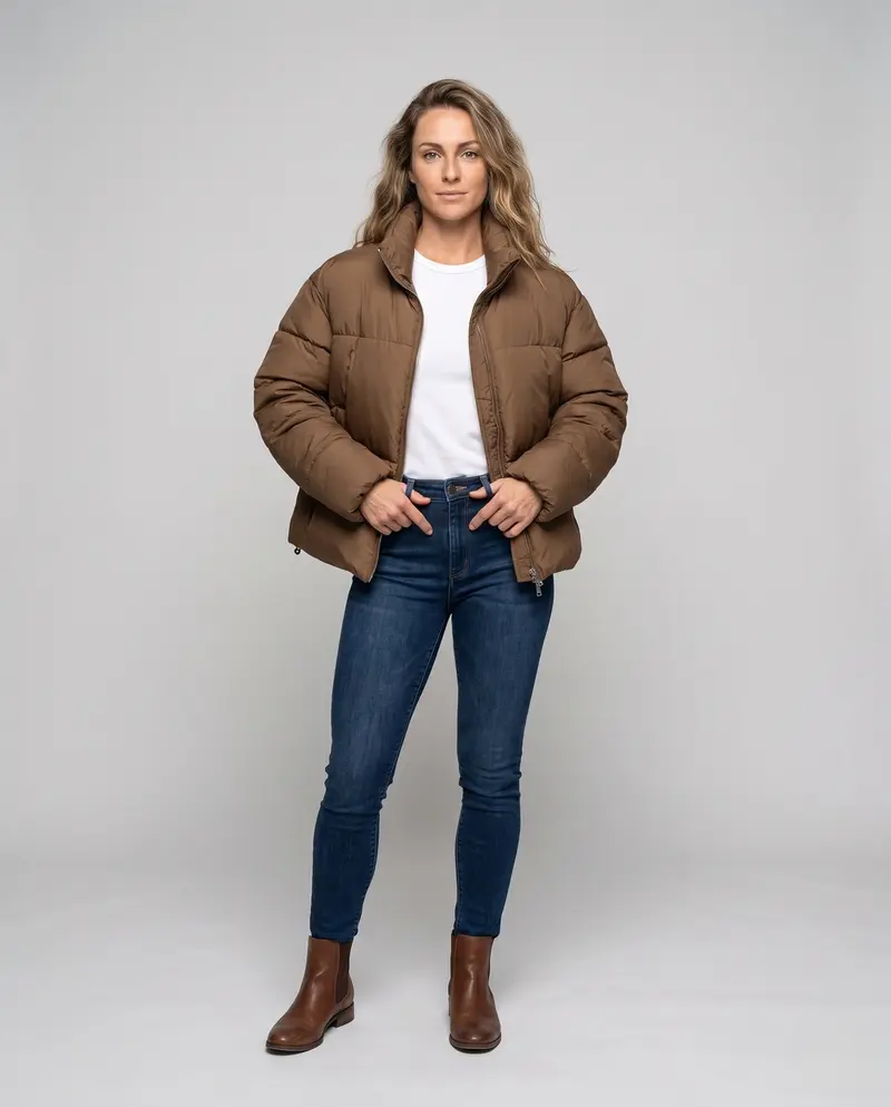 Frauen nan kurz geschnittene gepolsterte Kurzpufferjacke mit hohem Stehkragen und glänzender Mikrofaseroberfläche