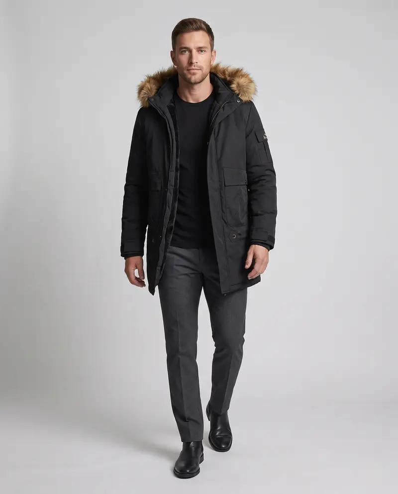Herren Arctic Utility Parka mit Sherpa-Futter, abnehmbarer Kunstpelzkapuze und verstellbarem Zugband Drune
