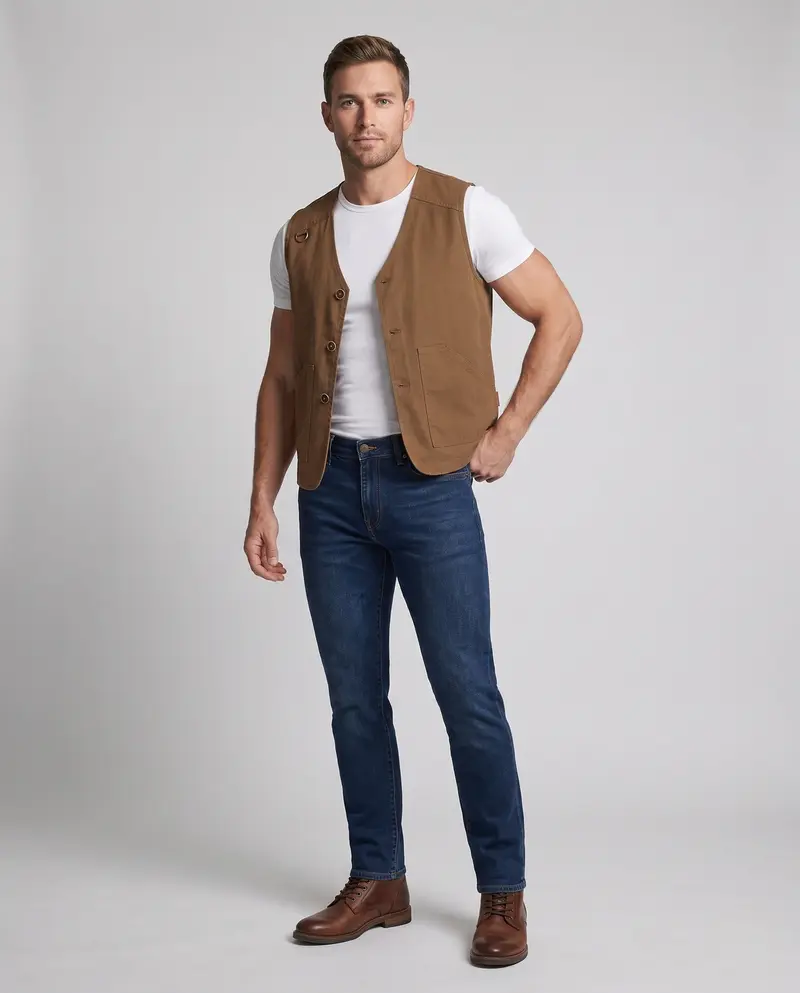 Herren Ärmellose Canvas Utility Weste mit Karofutter und Patchtaschen