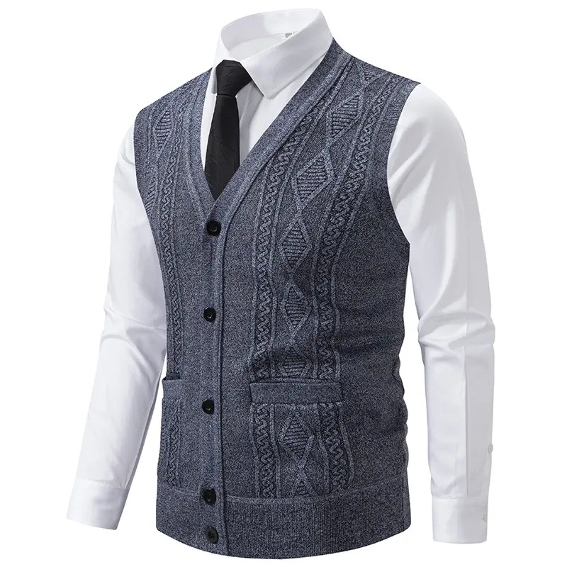 Herren Ärmellose Strickweste mit Rauten‑Muster, V‑Ausschnitt und Knopfleiste Drune