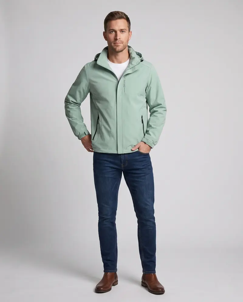 Herren Atmungsaktive Softshell Funktionsjacke mit verstaubarem Kapuze und Klettverschlussärmeln Drune