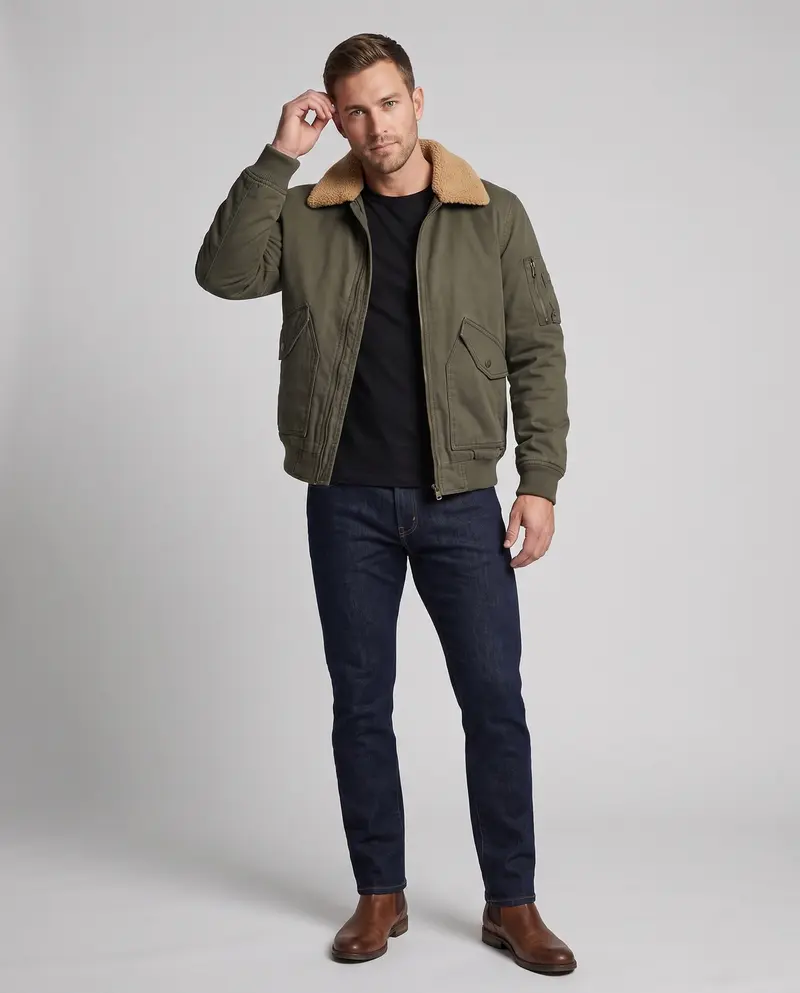 Herren Aviator-Bomber aus strapazierfähigem Canvas mit Teddy-Futter und Utility-Tasche an der Schulter Drune
