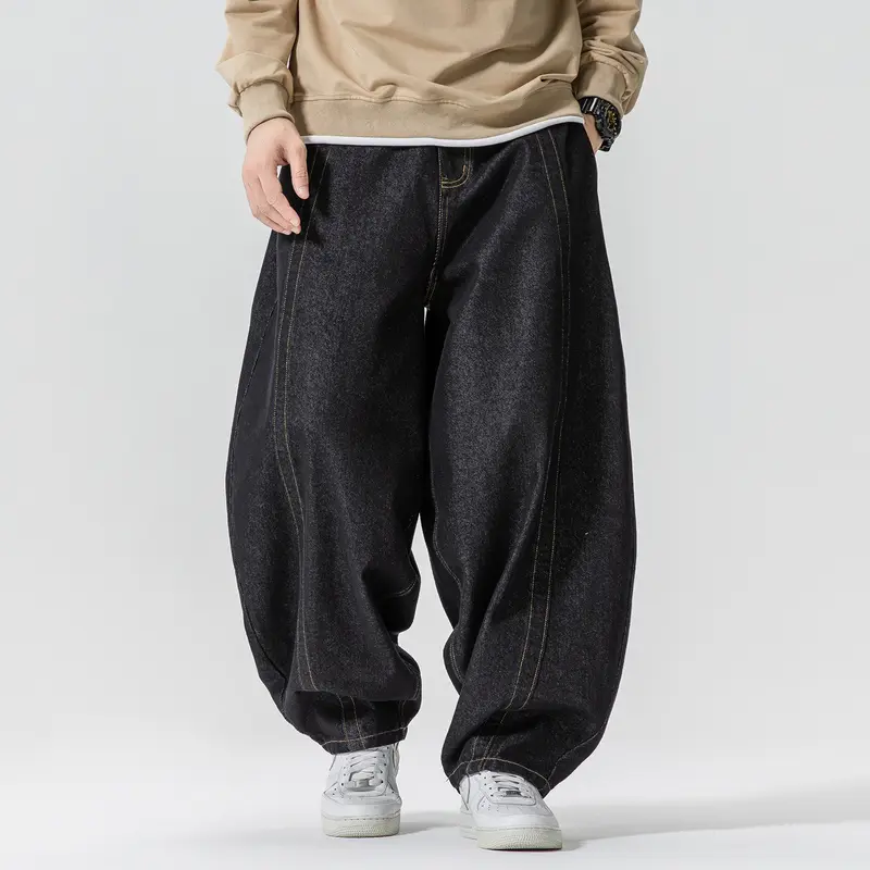 Herren Baggy-Denim-Hose mit extra weitem Bein, tiefem Schritt und sichtbaren Kontrastnähten Drune