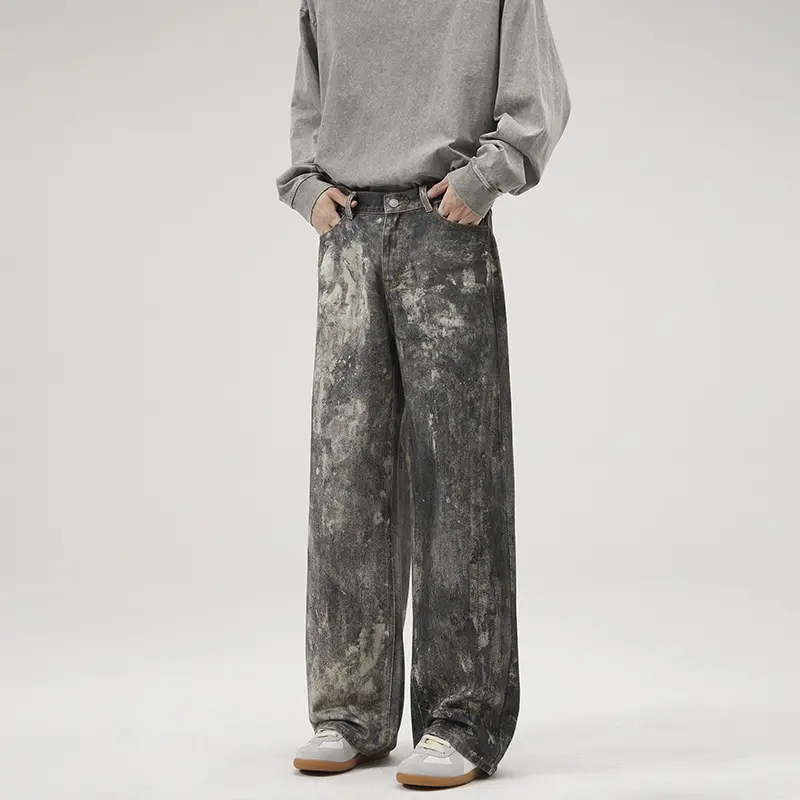 Herren Baggy-Denim mit künstlerischer Bleach-Optik und weitem Bein Drune