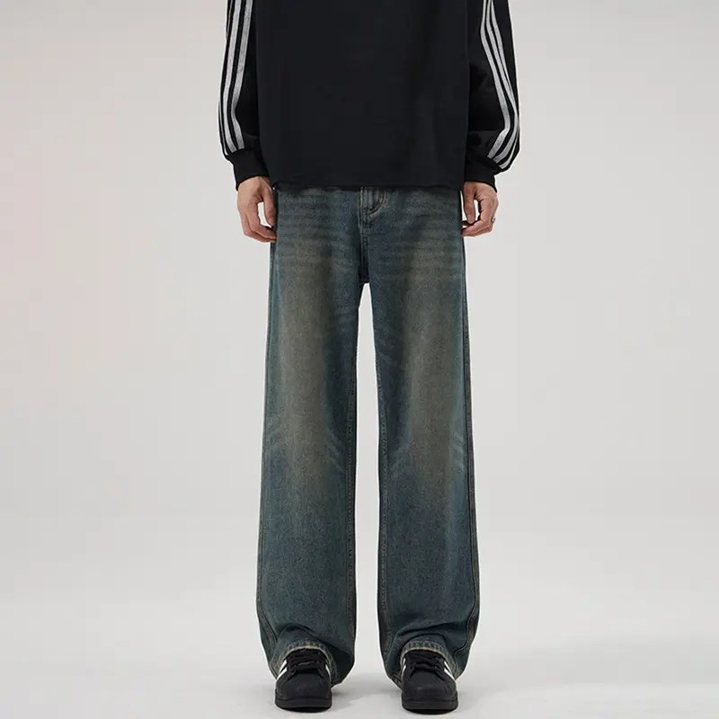 Herren Baggy-Jeans mit tiefem Schritt, verwaschener Vintage-Denim und geradem Bein Drune