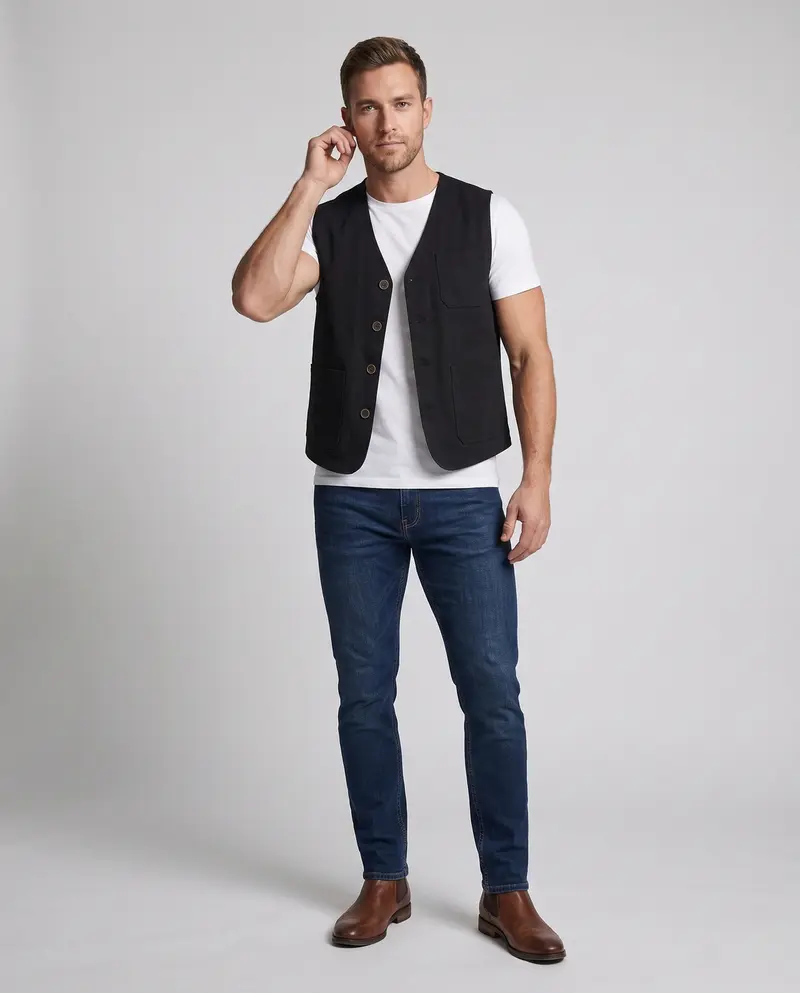 Herren Baumwoll-Canvas-Weste mit V-Ausschnitt und multifunktionalen Taschen Drune