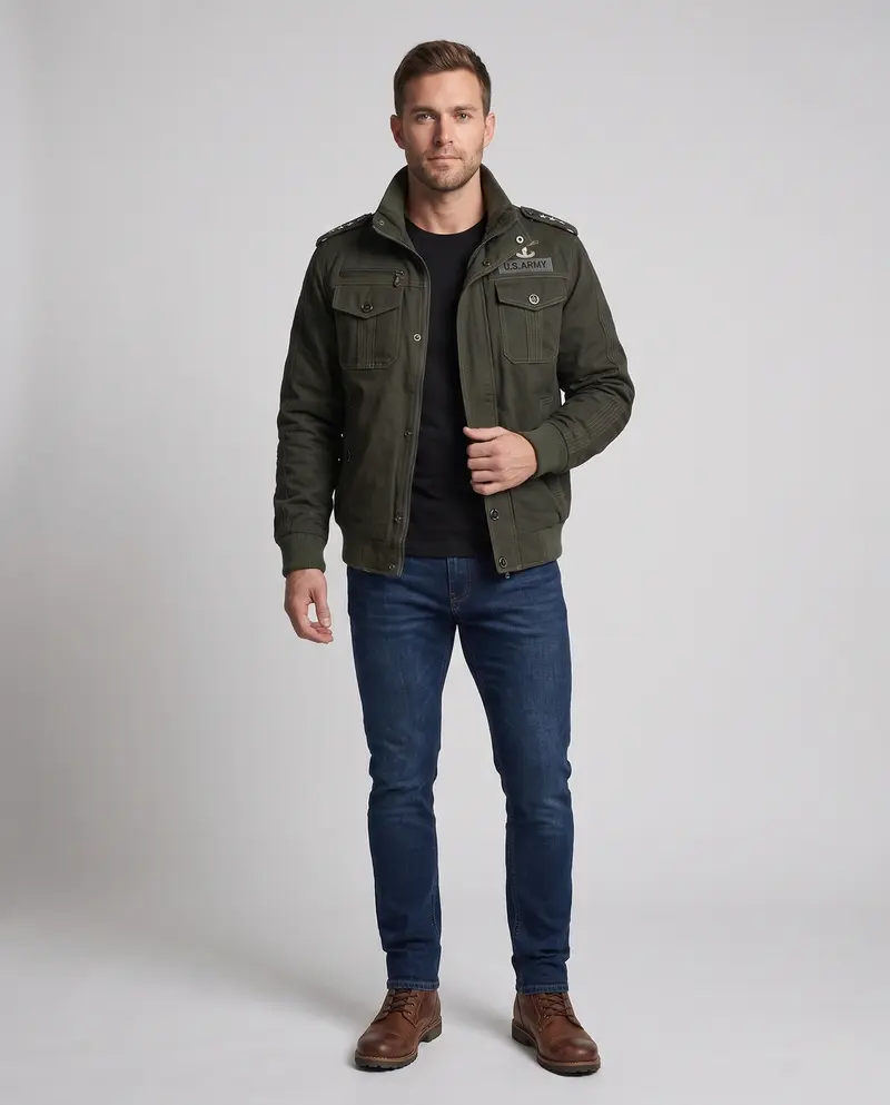 Herren Baumwollfeldjacke im Military-Stil mit Stehkragen, Schulterklappen und mehreren Taschen Drune