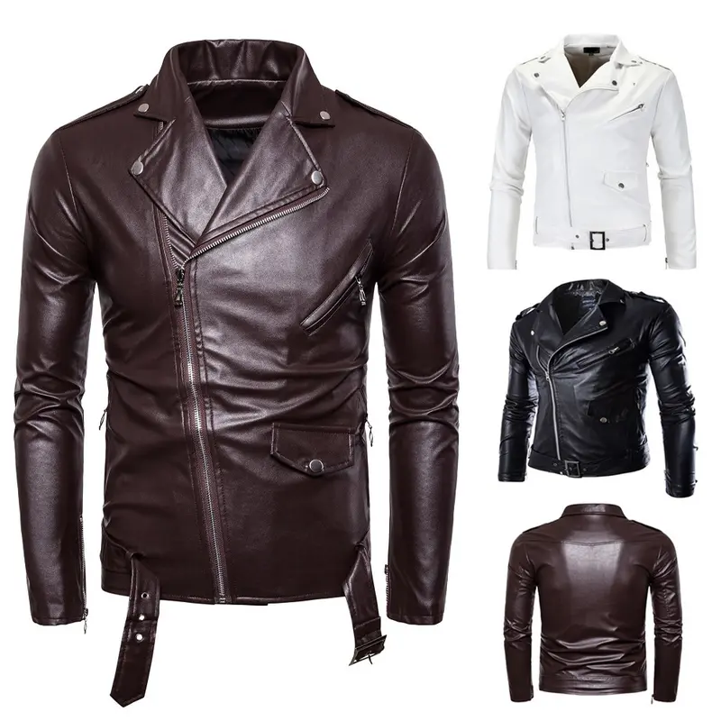 Herren Biker-Lederjacke im Slim-Fit mit asymmetrischem Reißverschluss und Taillengürtel Drune