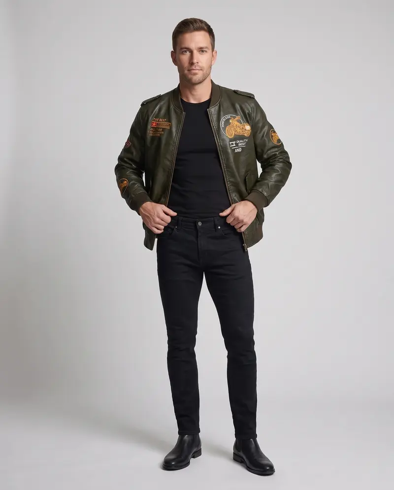 Herren Biker-Stil Kunstleder Bomberjacke mit gefüttertem Thermoinnenfutter und bestickten Applikationen Drune