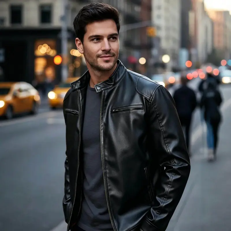 Herren Biker‑Style Kunstlederjacke mit Stehkragen und Reißverschlusstaschen Drune
