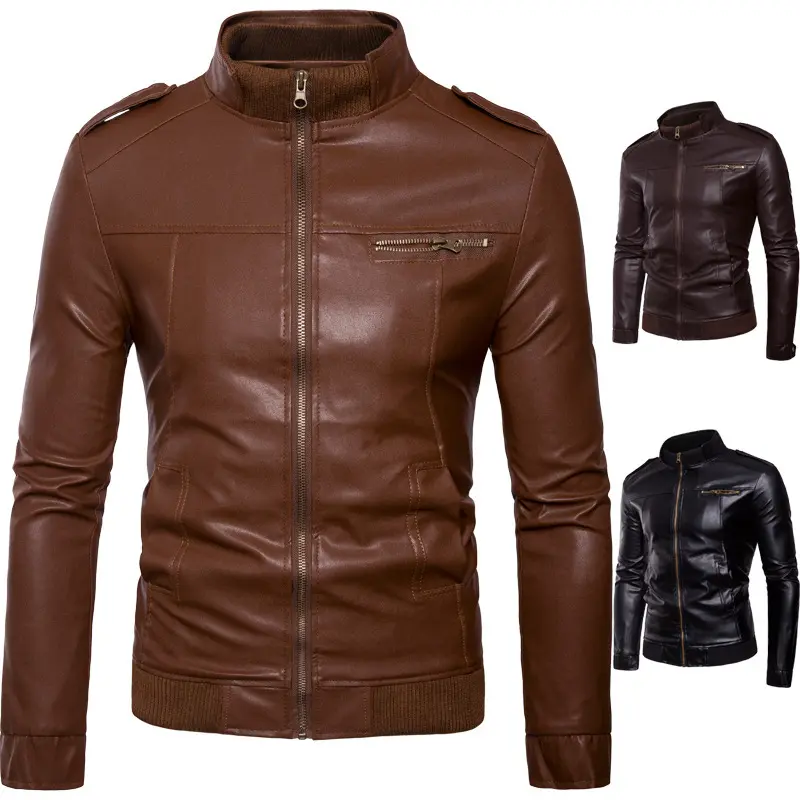 Herren Bikerinspirierte Kunstleder-Bomberjacke mit Stehkragen, Rippbündchen und Schulterpatten Drune