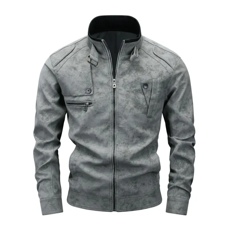 Herren Bikerjacke aus Lederimitat mit Stehkragen und modischen Brusttaschen Drune