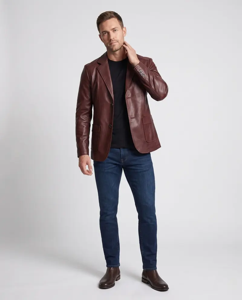 Herren Blazer aus Lederoptik mit thermalem Futter und Slim-Fit Drune