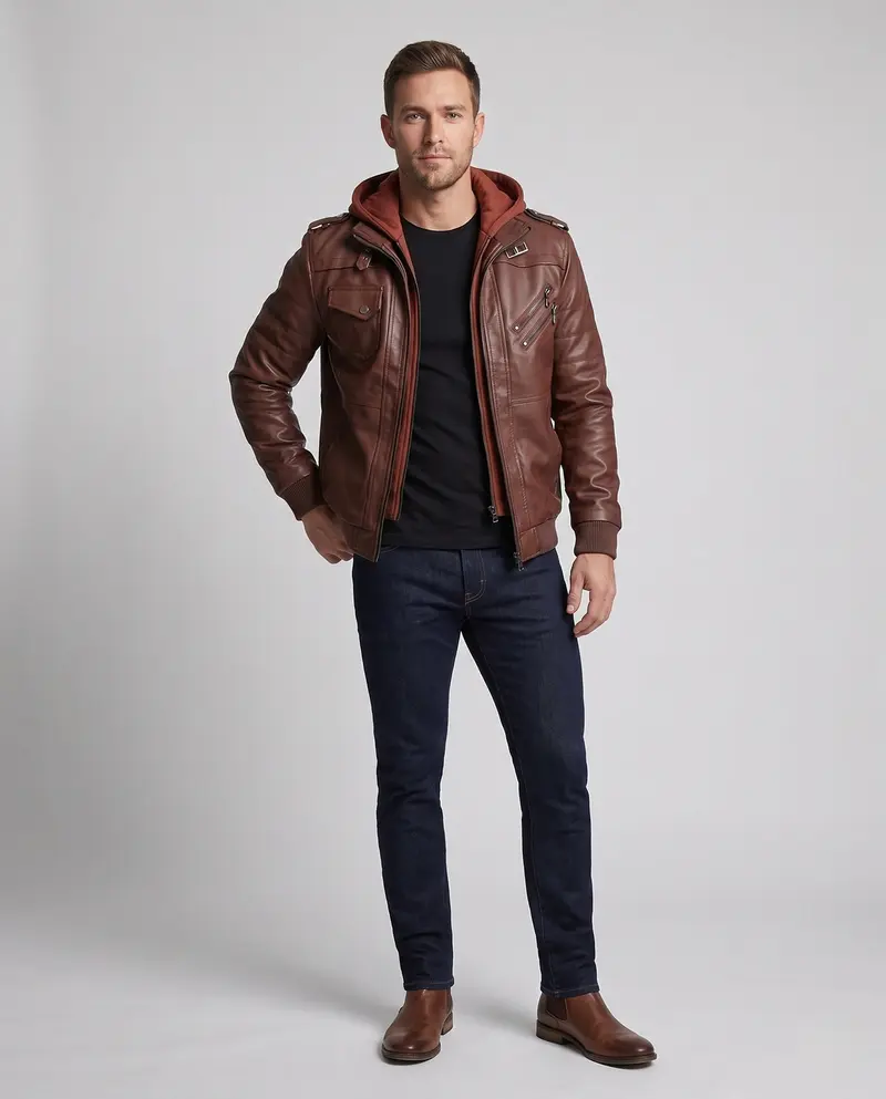 Herren Bomberjacke aus Kunstleder mit Tarnmuster und integriertem Hoodie-Innenlage Drune