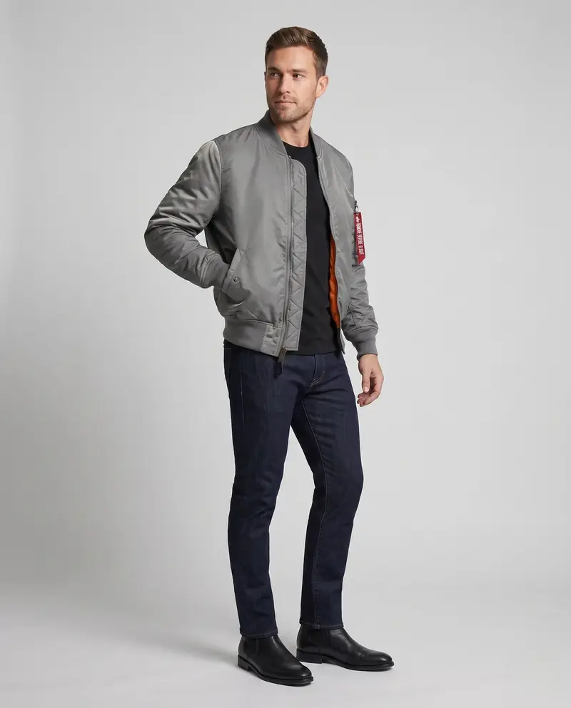 Herren Bomberjacke im Aviator-Stil mit kontrastierendem Innenfutter und Ärmtasche Drune