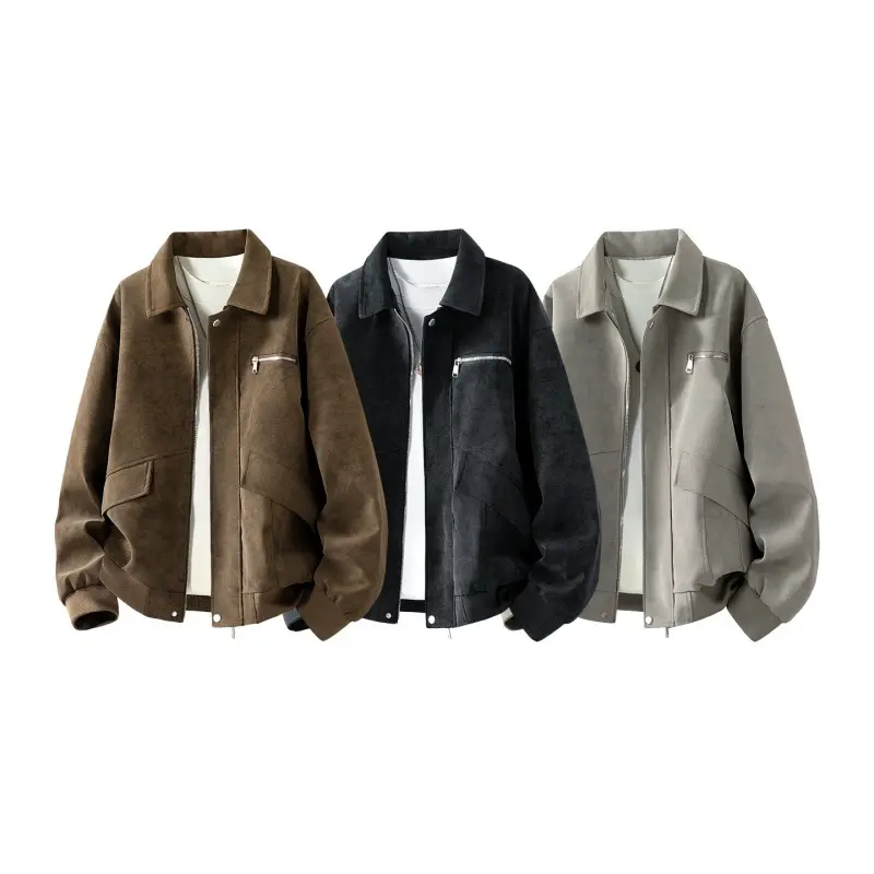 Herren Boxy-Blousonjacke im Veloursleder‑Look mit Brustreißverschluss, Pattentaschen & geripptem Saum Drune