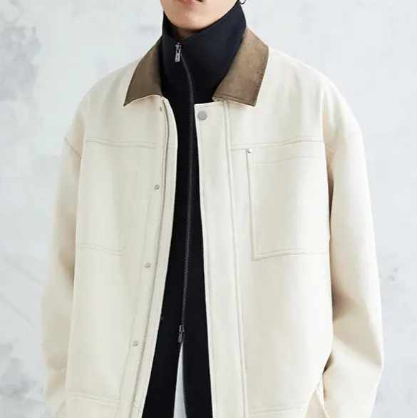 Herren Boxy-Zipjacke aus strukturiertem Baumwollmix mit Lederkragen und verdeckter Druckknopfblende Drune