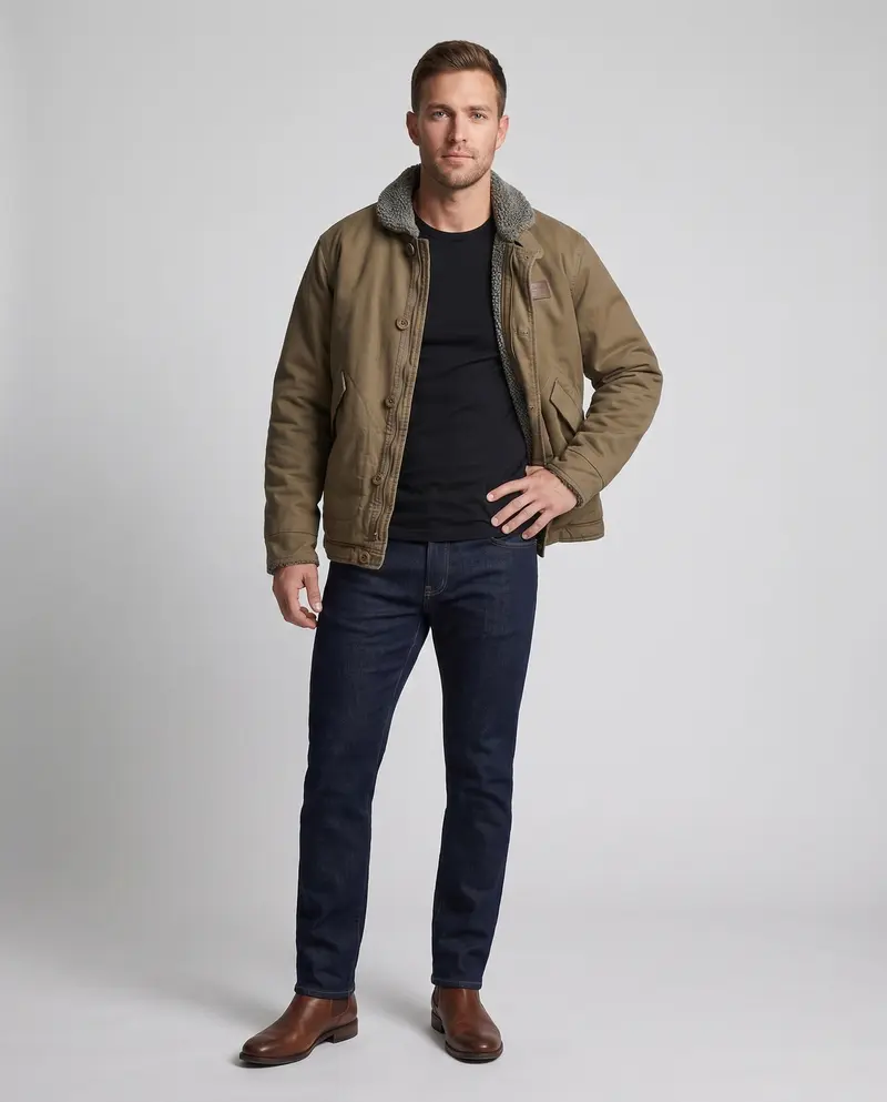 Herren-Canvas-Feldjacke mit Teddyfutter, Stehkragen und verdecktem Reißverschluss Drune