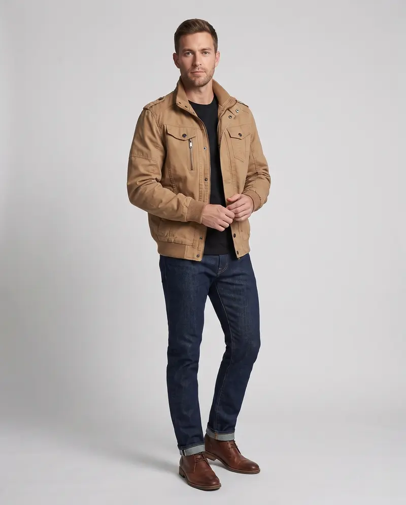 Herren Canvas Field Jacket im Militär-Look mit Stehkragen, Schulterklappen und Brustklapptaschen Drune