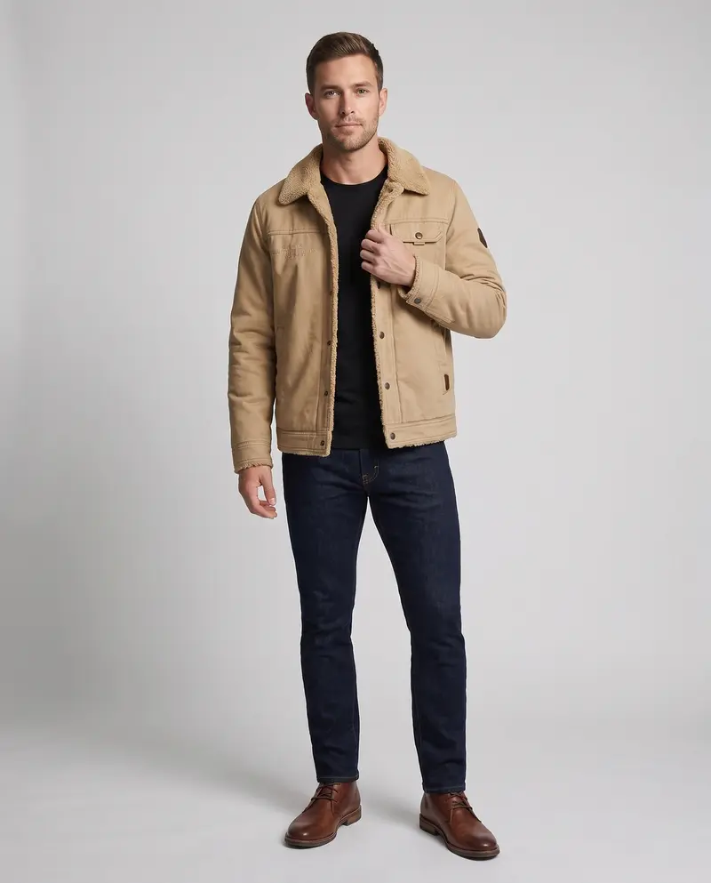 Herren-Canvas-Jacke mit durchgehendem Teddy-Futter und Reverskragen Drune
