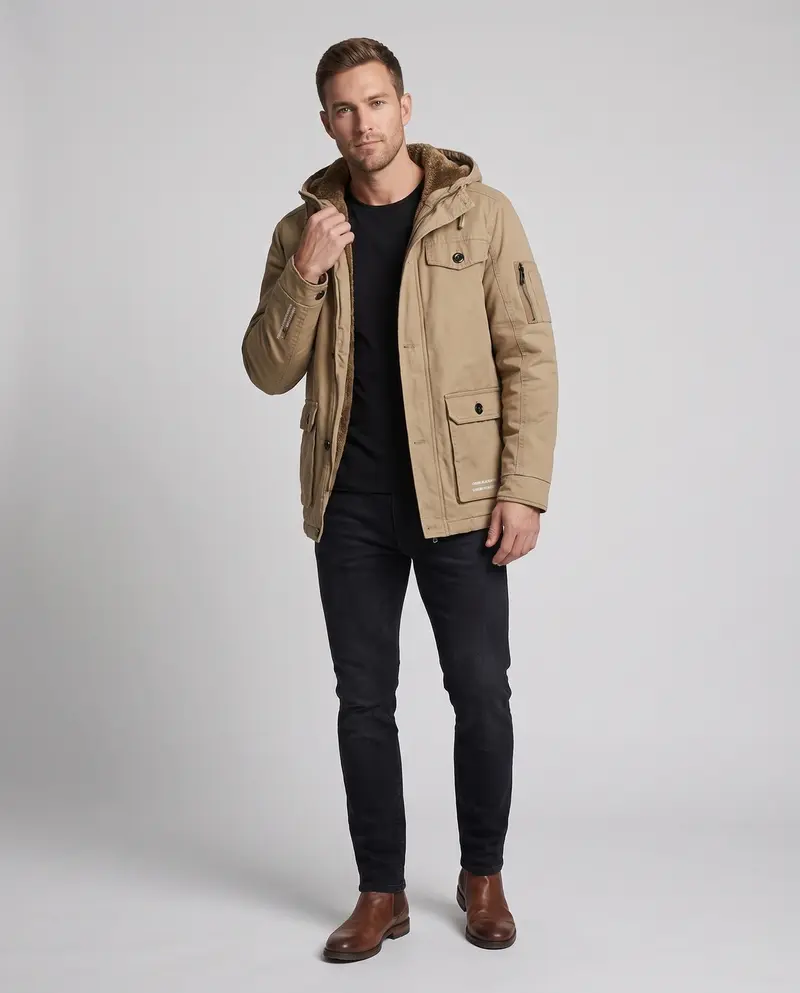 Herren Canvas Utility Parka mit wärmendem Teddyfutter Saum, Kapuze und multifunktionalen Taschen Drune