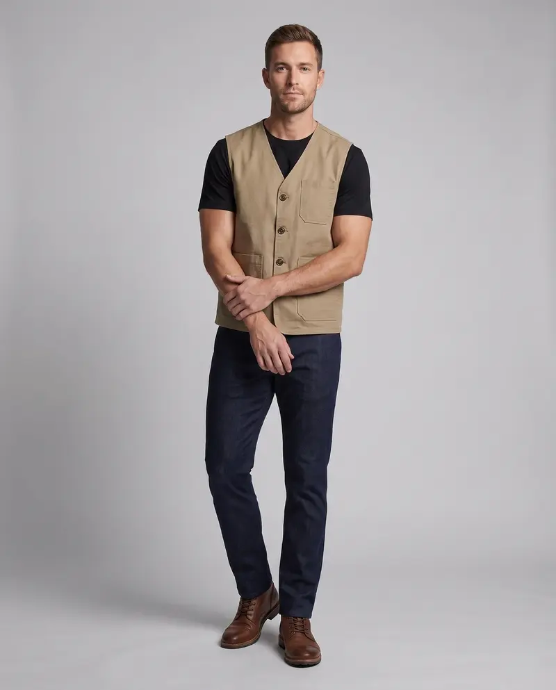 Herren-Canvas-Weste im Utility-Stil mit Knopfleiste und Pattenaschen Drune