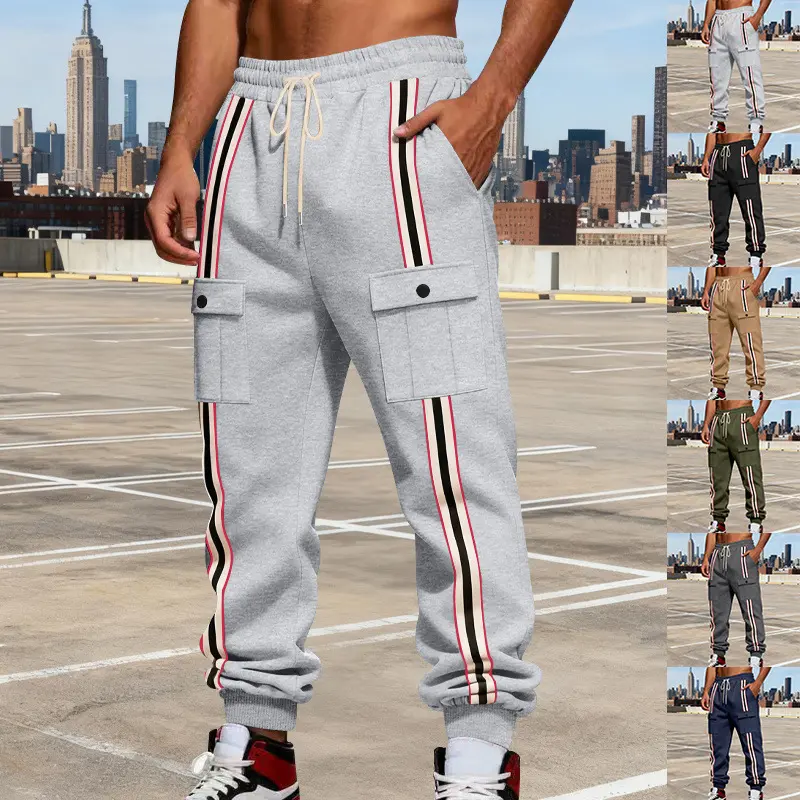 Herren Cargo-Jogginghose im Urban-Streetwear-Look mit Kontraststreifen und Klappentaschen Drune