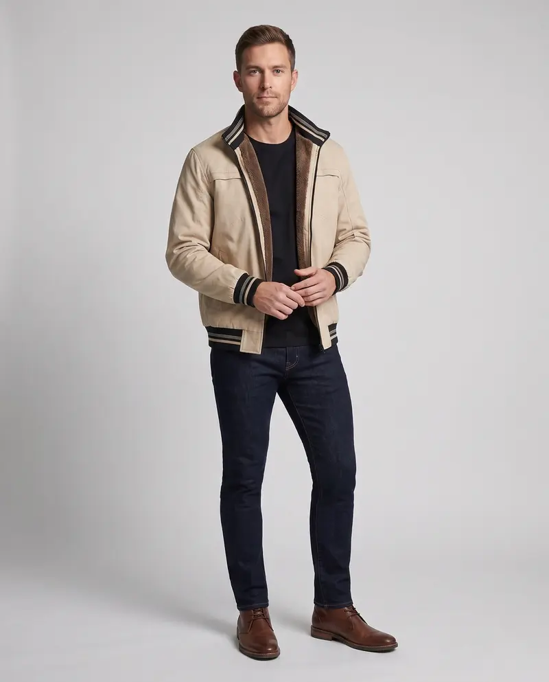 Herren Casual Field Blouson mit durchgehender, wärmespeichernder Teddy-Fleece-Fütterung, Stehkragen und gestreiften Bündchen Drune