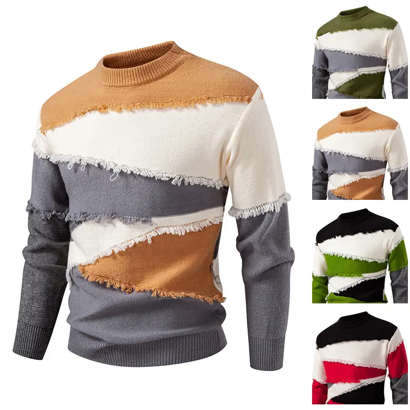 Herren Colorblock-Strickpullover mit Fransenbesatz und kurzem Stehkragen Drune