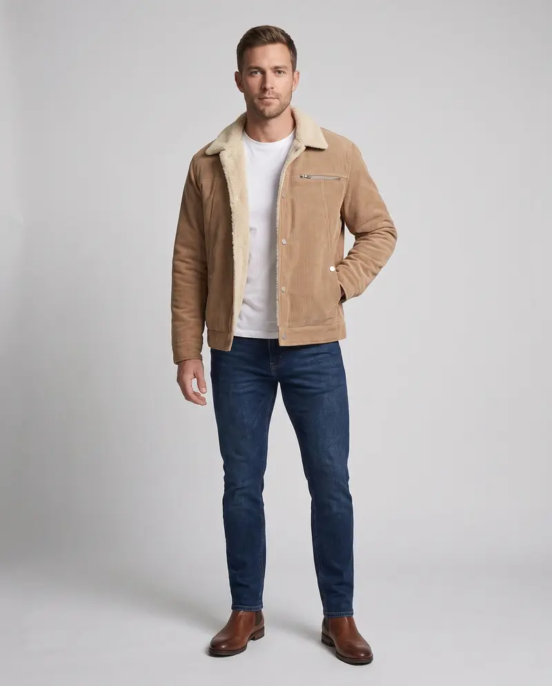 Herren Cord Arbeitsjacke mit Teddyfleece-Futter und Brustreißverschluss