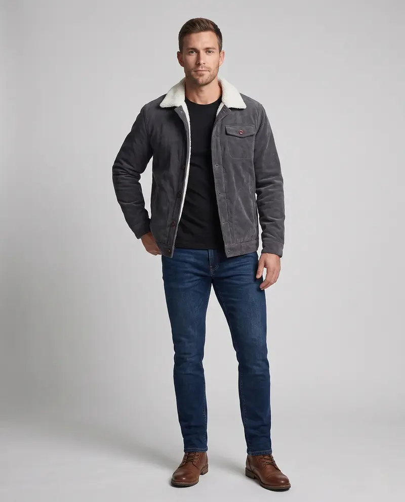 Herren Cord Arbeitsjacke mit vollem Sherpa-Futter, Hemdkragen und Seitentaschen Drune