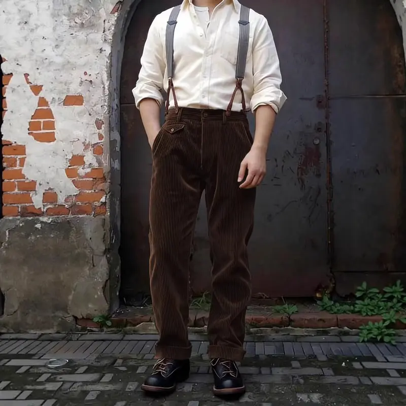 Herren Cordhose mit hoher Taille, breitem Kord und geknöpfter Pattentasche Drune