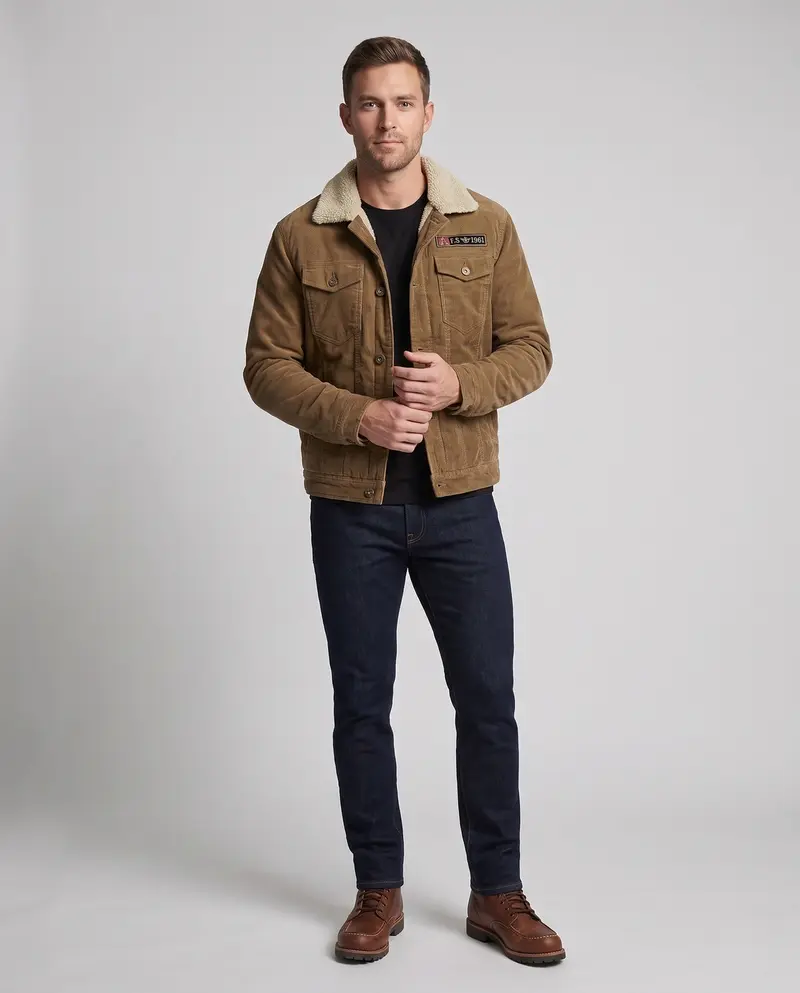 Herren Cordjacke mit Teddyfutter, aufgesetzten Brusttaschen und Vintage-Patch Drune