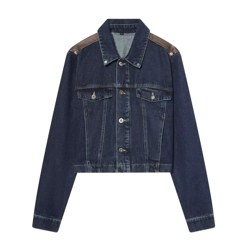 Herren Cropped-Boxy-Jeansjacke mit Lederbesatz an den Schultern Drune