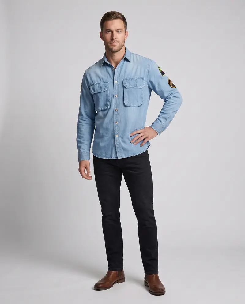 Herren Denim-Hemdjacke mit doppelten Brustklappen und Ärmelflicken Drune