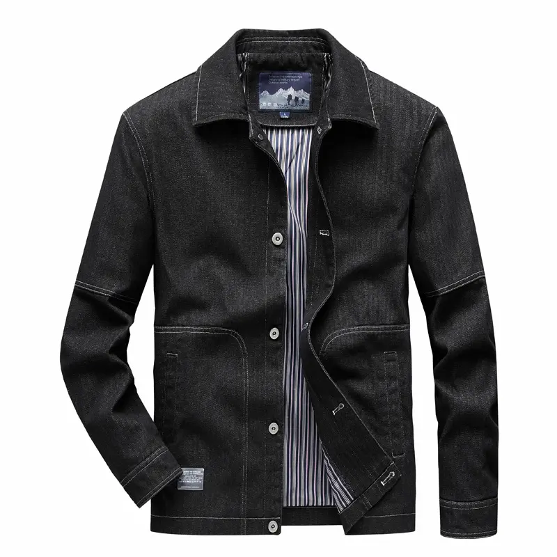 Herren Denim-Workerjacke mit geradem Schnitt, Kontrastnähten & gestreiftem Innenfutter Drune